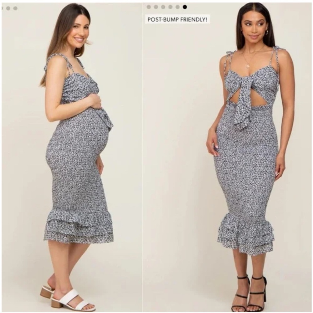 PinkBlush Black Floral Knot Front Smocked Maternity Midi Dress